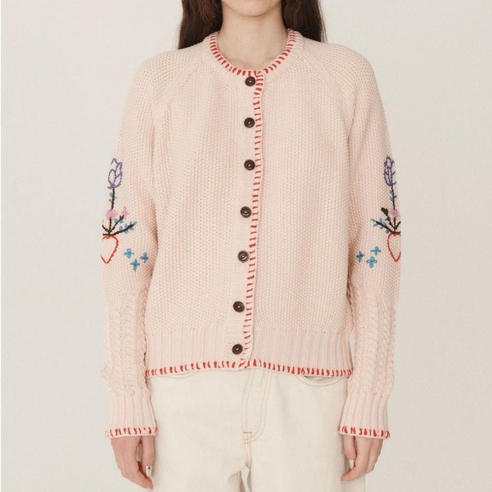 YMC‎ You Must Create Cotton Hand Knit Embroidered Lotus Chunky Cardigan XS